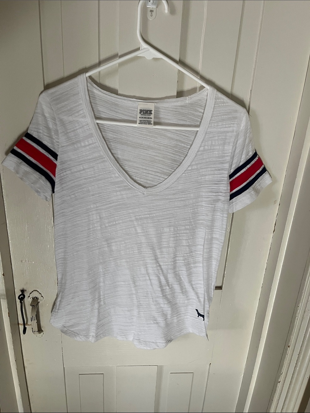 PINK Victoria's Secret White V-Neck Tee with Red & Navy Sleeve Stripes